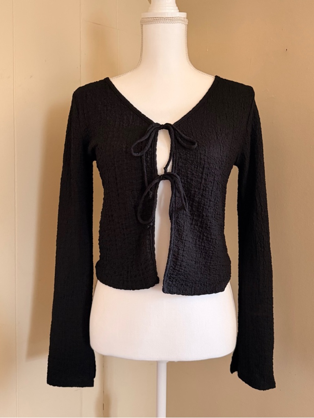 Black Tie-Front Textured Long Sleeve Cardigan— Y2K Style— See You Monday